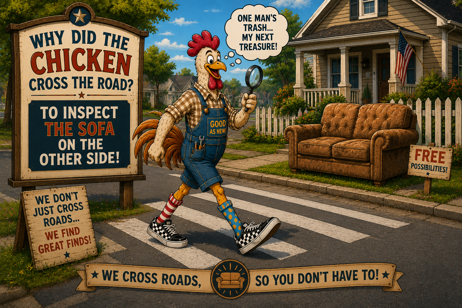 Cartoon chicken in overalls crossing road with magnifying glass toward free curbside sofa, promoting furniture rescue business.