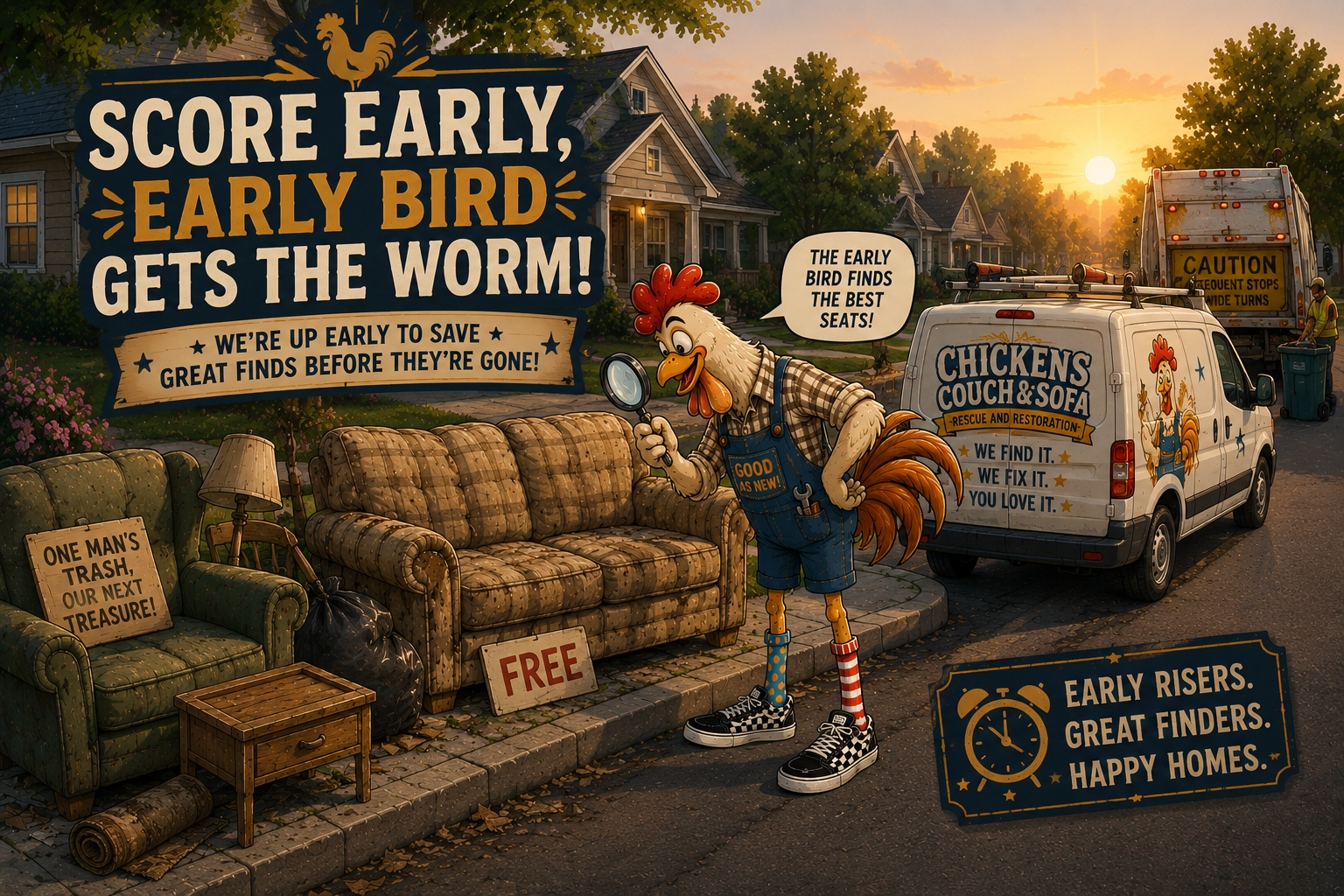 A cartoon rooster mascot inspects curbside free furniture at sunrise beside a Chickens Couch & Sofa rescue van.
