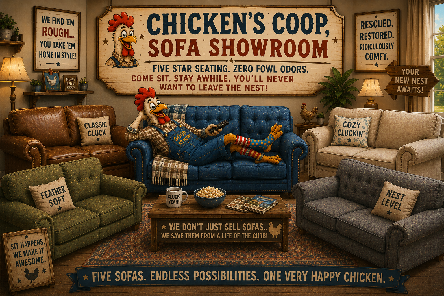 Cartoon rooster relaxing on restored blue tufted sofa surrounded by five refurbished couches in Chicken's Coop Sofa Showroom display.