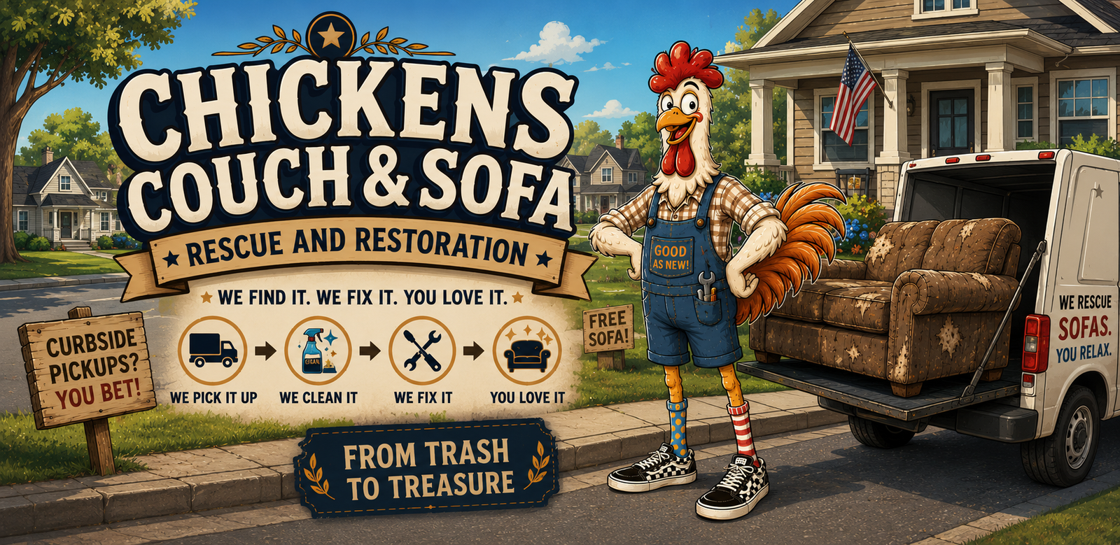 Cartoon rooster mascot in overalls loading a worn couch into a van. Text: Chickens Couch & Sofa Rescue and Restoration, Thornton CO.