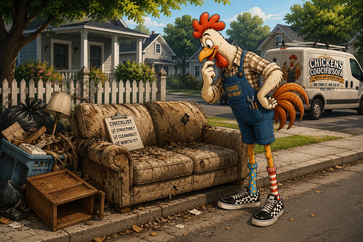 Cartoon rooster mascot inspecting a worn curbside sofa with a checklist, beside a Chickens Couch & Sofa rescue van.