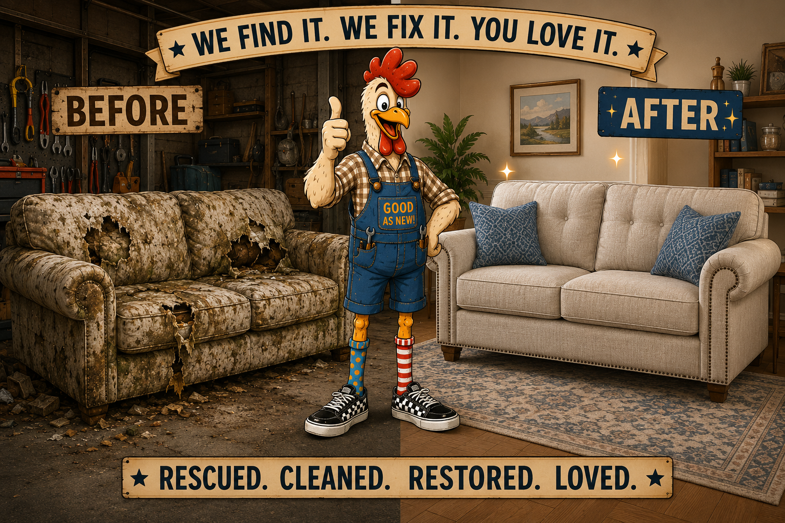 Before and after sofa restoration by Chicken's Sofa Rescue, showing a destroyed couch transformed into a clean, like-new loveseat.