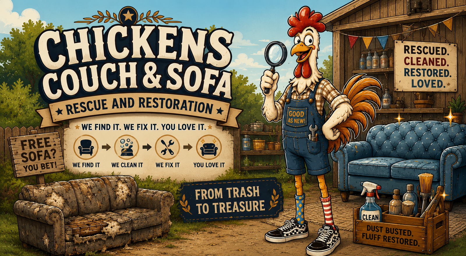 Cartoon rooster mascot in overalls beside a restored blue tufted sofa and worn couch, promoting furniture rescue services.